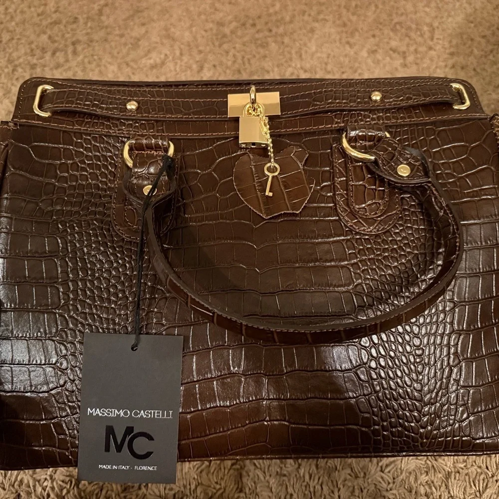 Massimo Castelli Brown Croc-Embossed Large Leather Bag